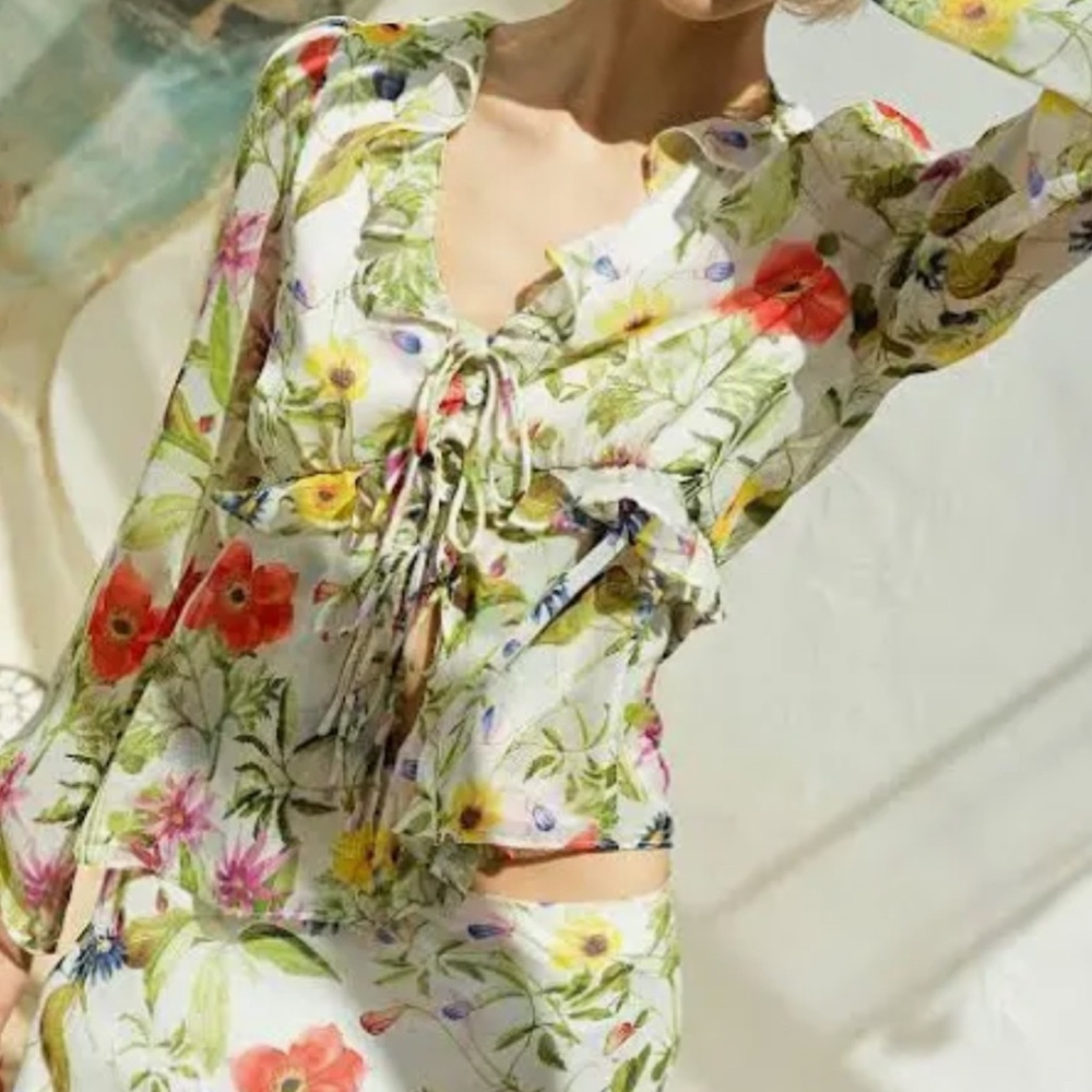Floral Lace-Up Blouse and Skirt Set